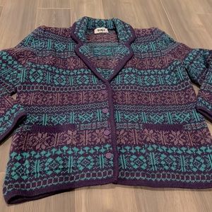 BIGI sweater cardigan in purple and free in holiday theme, metal buttons